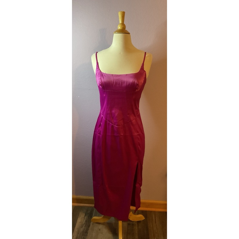 Edit By Nine Hot Pink Satin Maxi‎ Dress Slit Size Medium Barbiecore New